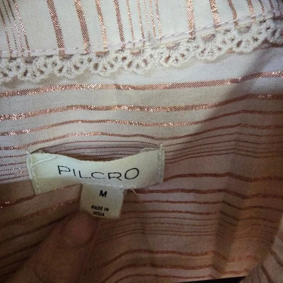 Anthropologie Pilcro The Bobbie Blouse Pink Rose Gold Lurex Stripe Fitted Waist - Picture 5 of 11